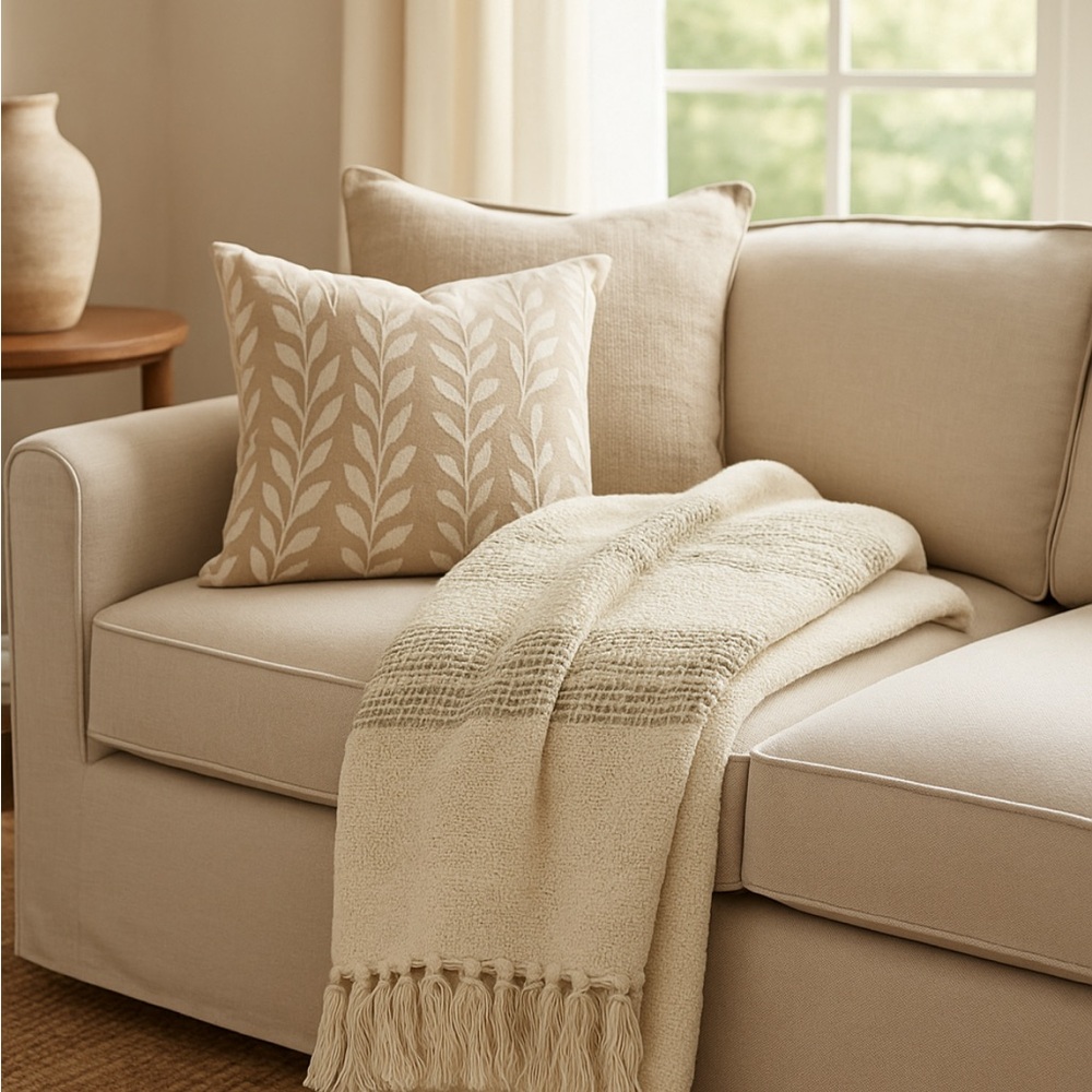 Becky Owens and Surya Cream Throw Blanket with Tassels NWT